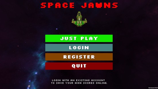 Screenshot of start screen of Space Jawns